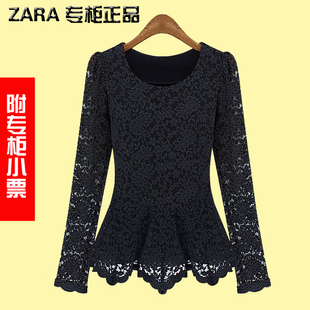  欧洲站新款zara 春装女装代购 香港正品上衣长袖蕾丝打底衫女