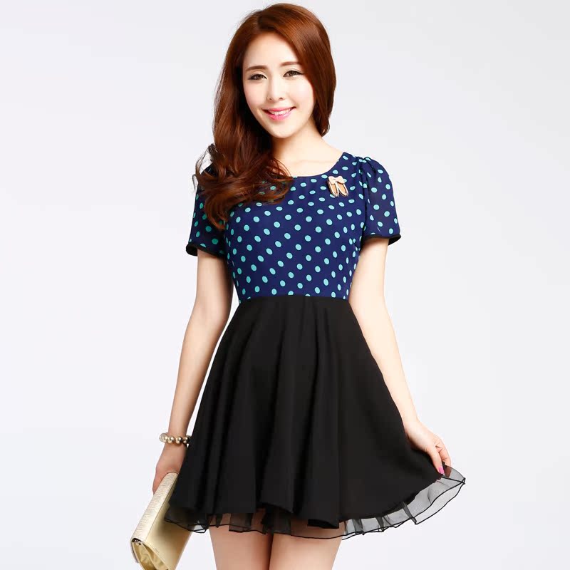 韩版短袖圆领波点拼接...