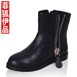  双拉链短靴 真皮马丁靴 平底女靴 头层牛皮骑士靴 厚底靴平跟靴子