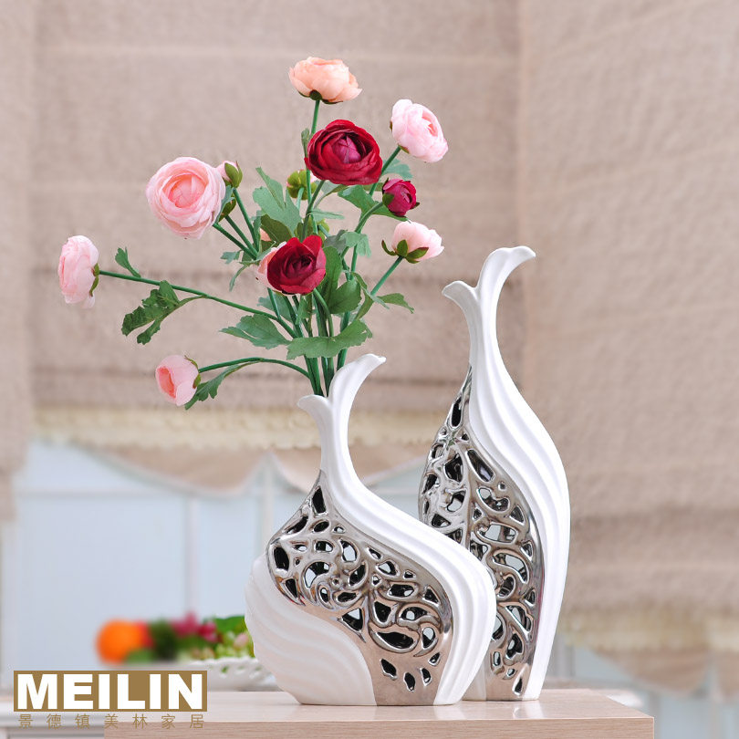 包邮现代简约欧式镀银花瓶摆件 高档电镀陶瓷工艺品 镂空花器大号