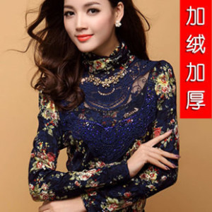  春装新款女装女式韩版高领修身长袖蕾丝加绒打底衫女
