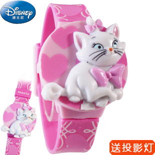  正品迪士尼卡通手表女孩幼儿富贵猫儿童电子表玛丽猫4种表情换面
