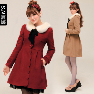  夏娜  秋冬新品 两色毛领单排扣 呢大衣 外套 女 0451