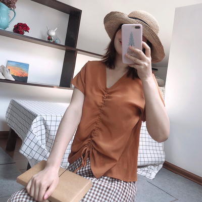 断码福利款！闭眼入！桑蚕丝洋气V领抽绳真丝双绉上衣女短袖T恤