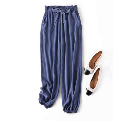 自留显瘦宽松桑蚕丝蓝绿色松紧腰真丝双绉灯笼裤束腿裤九分裤女
