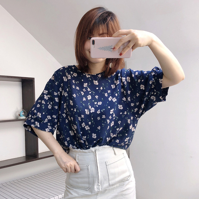 真丝双绉法式复古小碎花五分袖灯笼袖 圆领舒适桑蚕丝上衣T恤宽松