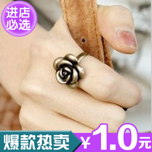  韩版饰品 金铜色玫瑰花复古戒指 食指 尾戒 可调大小 潮人女