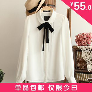  2242新款女装日系学院淑女蝴蝶结娃娃领雪纺衬衣打底衬衫长袖