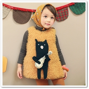  韩国童装女童 冬装新款 加厚卡通小猫拼贴马甲 儿童马夹背心