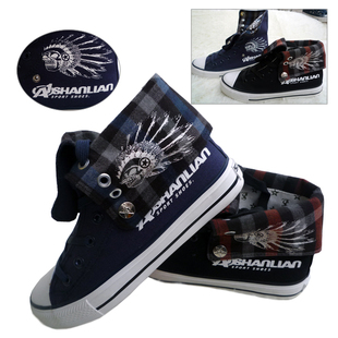  韩版格子翻边两穿高帮帆布鞋卡通骷髅头学生鞋男式休闲鞋潮鞋板鞋