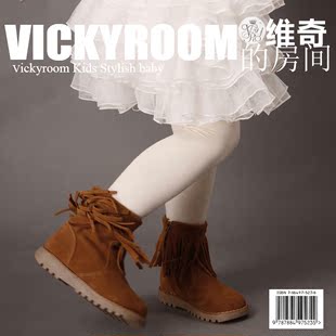  女童皮靴 短靴韩版公主休闲鞋子真皮唐卡风格流苏儿童靴子潮