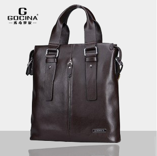  新款库奇世家男包 竖版单肩手提背包男 软牛皮休闲公文包 棕色包