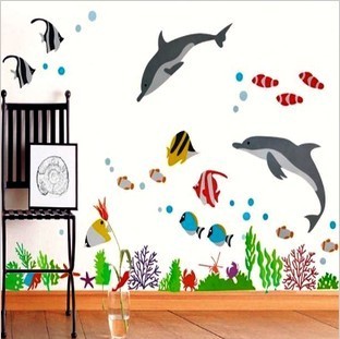 海豚海底世界 卫生间浴室墙贴 半透明pvc玻璃贴