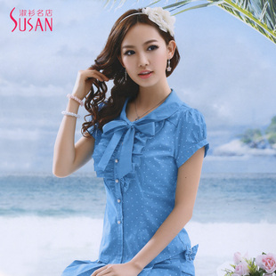  夏装新款短袖女衬衫韩版修身娃娃领蝴蝶结波点衬衣女阿依莲风