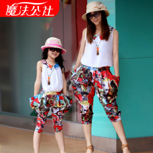  亲子装夏装全家装款母女韩版大码雪纺高档韩国绒家庭套装女童