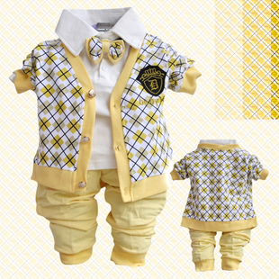  包邮宝宝春装新款男童儿童学院风套装绅士格子三件套