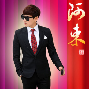  韩版西服套装 黑色 韩版修身西装时尚休闲两件套 AS13904