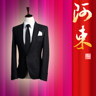  韩版西服套装 黑色 韩版修身西装时尚休闲两件套 AS19721