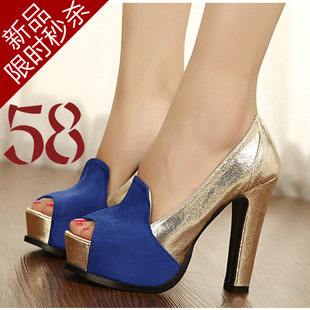  春季新款英伦风高跟鞋 拼接鱼嘴女鞋粗跟防水台闪亮撞色单鞋