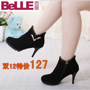 春季新款女单鞋 踝靴子正品百丽短靴高跟真皮 秘书马丁靴清仓