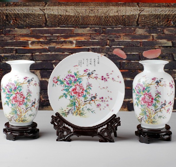 宜家装饰瓷器摆件三月牡丹陶瓷花瓶花盘三件套创意家居装饰工艺品 宜家装饰瓷器摆件三月牡丹陶瓷花瓶花盘三件套创意家居装饰工艺品