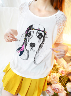  特ForeverKid 夏装新款森女小狗狗印花 外单拼接镂空蕾丝短袖T恤