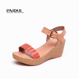  PAIDUI 特价清仓 真皮牛皮高跟坡跟厚底松糕高跟凉鞋女40码大码