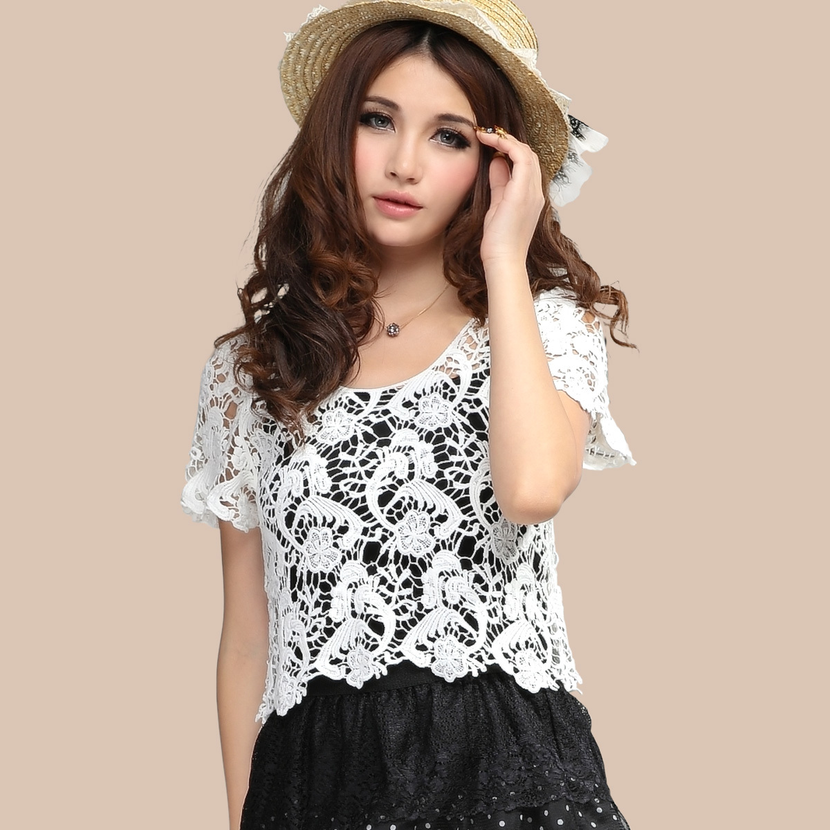 蕾丝小罩衫短袖镂空...