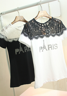  夏装新款 韩版 蕾丝花朵拼接 修身百搭棉短袖T恤女 打底衫