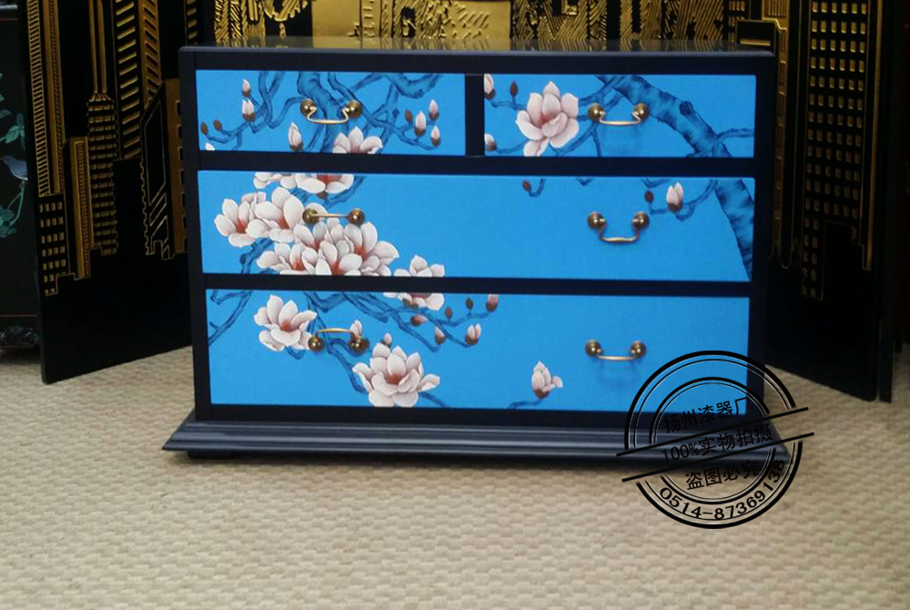 揚州漆器 彩繪藍底花卉四抽櫃 家裝家具工藝 裝飾在類目 特色手工藝, 地區民間特色手工藝, 漆器中 - 來自Buy2taobao.com提供專業的淘寶代購服務