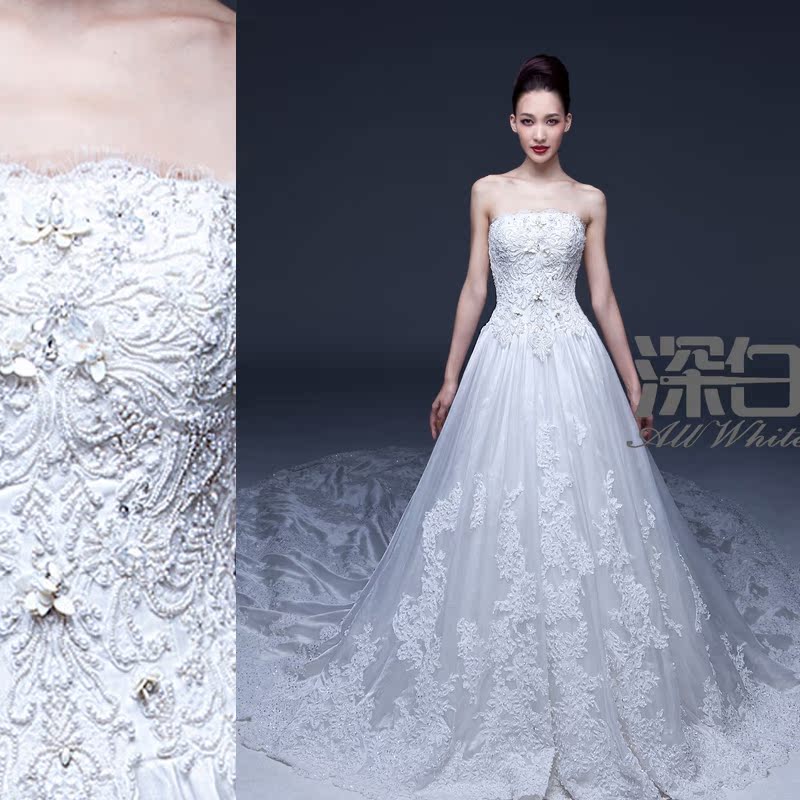 深白婚纱定制--抹胸重工钉珠大拖尾婚纱 深白婚纱定制--抹胸重工钉珠大拖尾婚纱