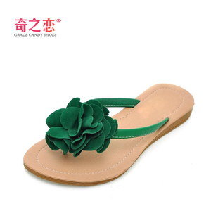  春夏新 甜美手工花朵人字拖 休闲舒适平底夹趾女式凉拖鞋