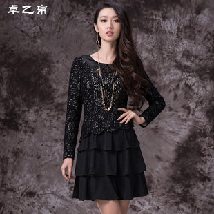 卓乙帛  女装新款亮片修身长袖镂空蕾丝秋长袖打底春秋连衣裙