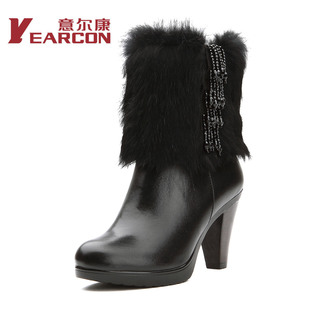  意尔康正品包邮冬季时尚真皮靴子牛皮流苏高跟中筒靴特价清仓女靴