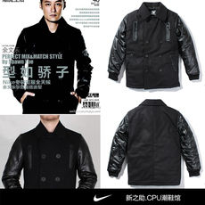 Куртка 新款nike耐克余文乐双排扣黑色尼料pu皮拼接袖男夹克jacket外套 OTHER spks/1