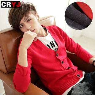  CRYJ 男装秋冬新品 时尚休闲 开衫V领 纯色加绒纯棉针织毛衣外套