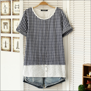  [浅爱]S6359夏装新款韩版森女风刺绣蕾丝拼接格子短袖T恤 女