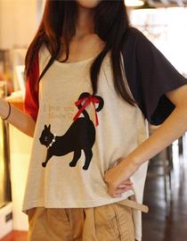 拼色袖红飘带慵懒小黑猫简单款短袖t恤女 夏季百搭休闲体恤衫