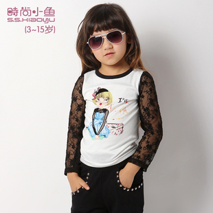  时尚小鱼 童装春装女童韩版打底衫儿童针织拼蕾丝长袖T恤SK23