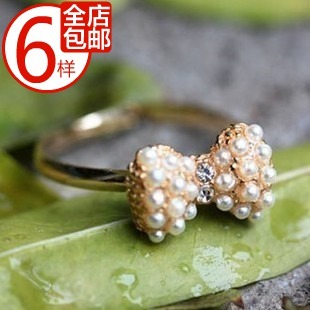  新款 韩国饰品 金色镶嵌珍珠蝴蝶结小巧戒指 指环