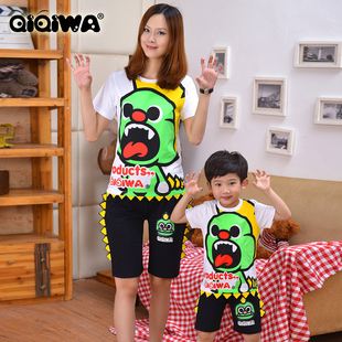  齐齐蛙亲子装夏装全家装款立角喷火恐龙纯棉短袖母子父子5983