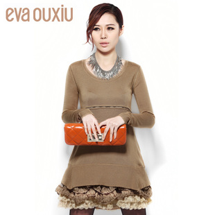  EVAOUXIU伊华欧秀春装新品圆领荷叶边假两件套蛋糕裙连衣裙