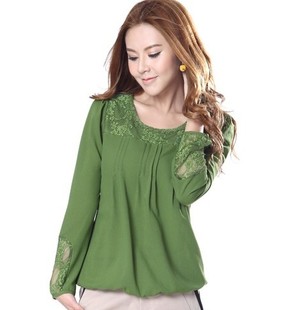  春装新款女装大码韩版蕾丝拼接女士长袖雪纺衫衬衫女T恤宽松