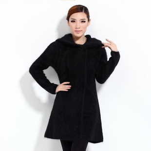 新款凯诗曼女式中长款黑色带帽貂绒大衣皮草韩