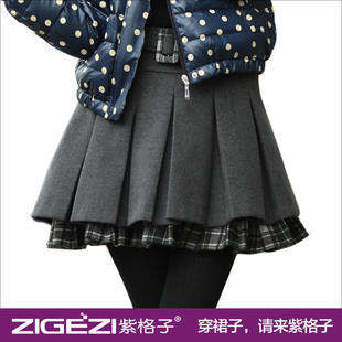  紫格子品质女装秋冬季新韩版百褶裙毛呢半身短裙蓬蓬蛋糕裙子