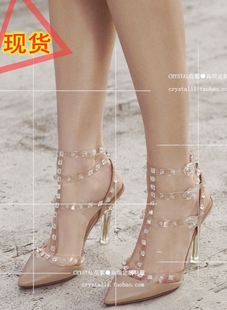 顺丰 Vale*华伦天奴水晶透明铆钉鞋尖头高跟女凉鞋 高端定制