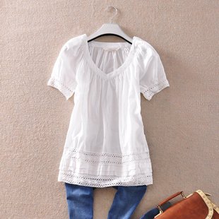  新.春夏装新款衬衣 白色百搭打底衫 宽松蕾丝钩花花边拼接T恤 女