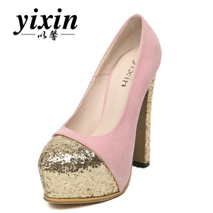  以馨 新款韩版甜美高跟单鞋 圆头拼色防水台粗跟女鞋 婚鞋