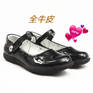 微笑春款女童鞋少女孩学生鞋中童鞋大童鞋黑色牛皮鞋儿童鞋黑皮鞋