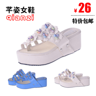  夏季新品包邮/坡跟中跟松糕厚底铆钉人字拖休闲凉拖鞋女鞋子